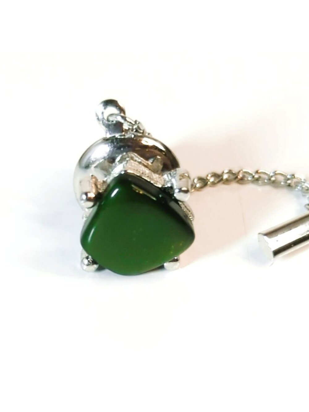 Sarah Coventry Green Stone Tie Tack With Silver-Tone Chain & Bar